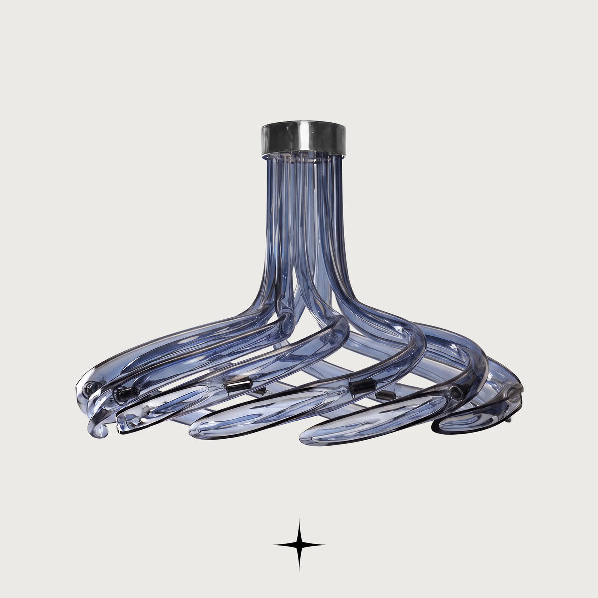 Gala Chandelier featuring cascading curved clear smoke blue crystal glass arms resembling a blooming flower
