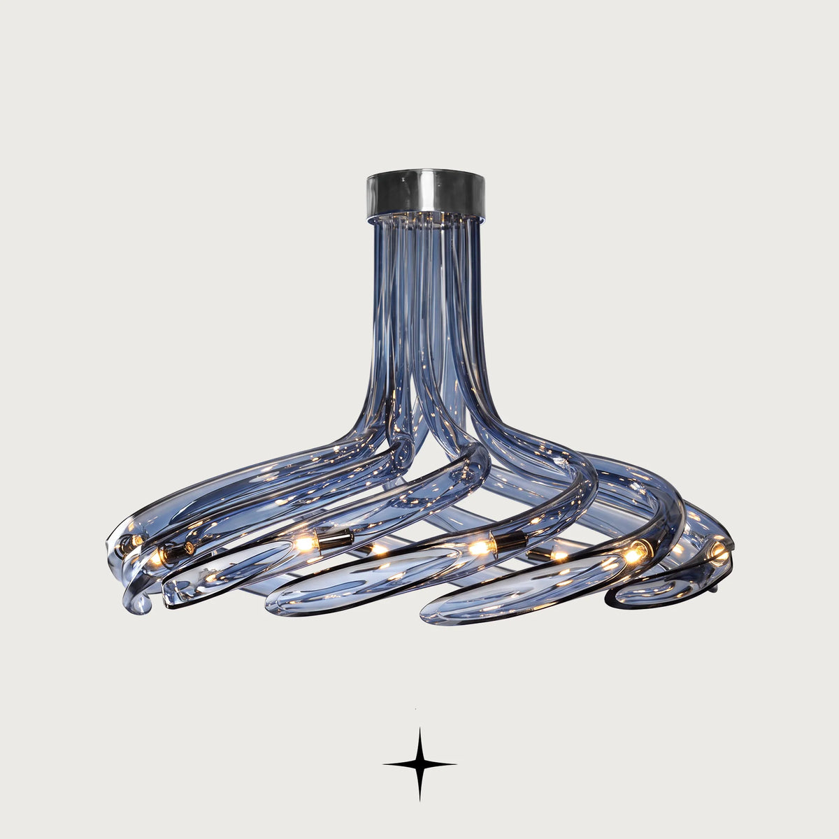 Gala Chandelier featuring cascading curved clear smoke blue crystal glass arms resembling a blooming flower
