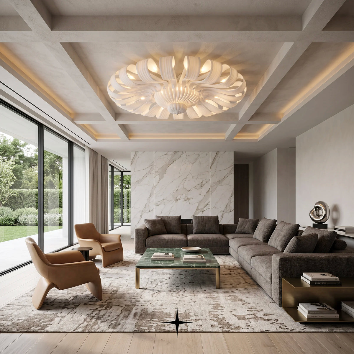 Georgina Chandelier featuring symmetrical crystal artistry in matte white and custom hues

