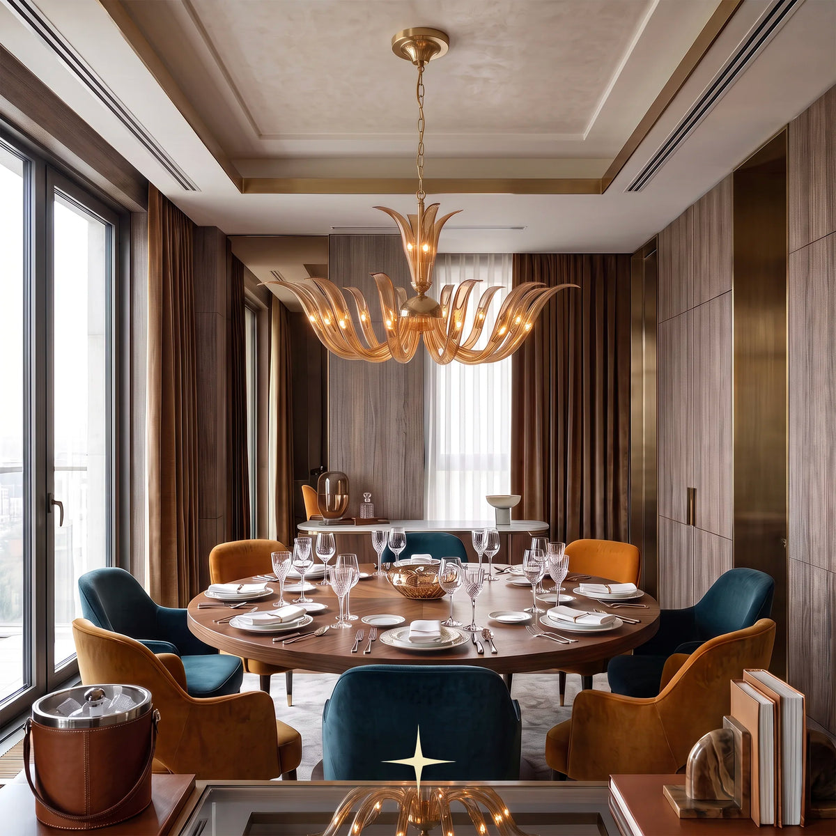 Glorious Chandelier featuring elegant golden amber flame-shaped crystal glass arms
