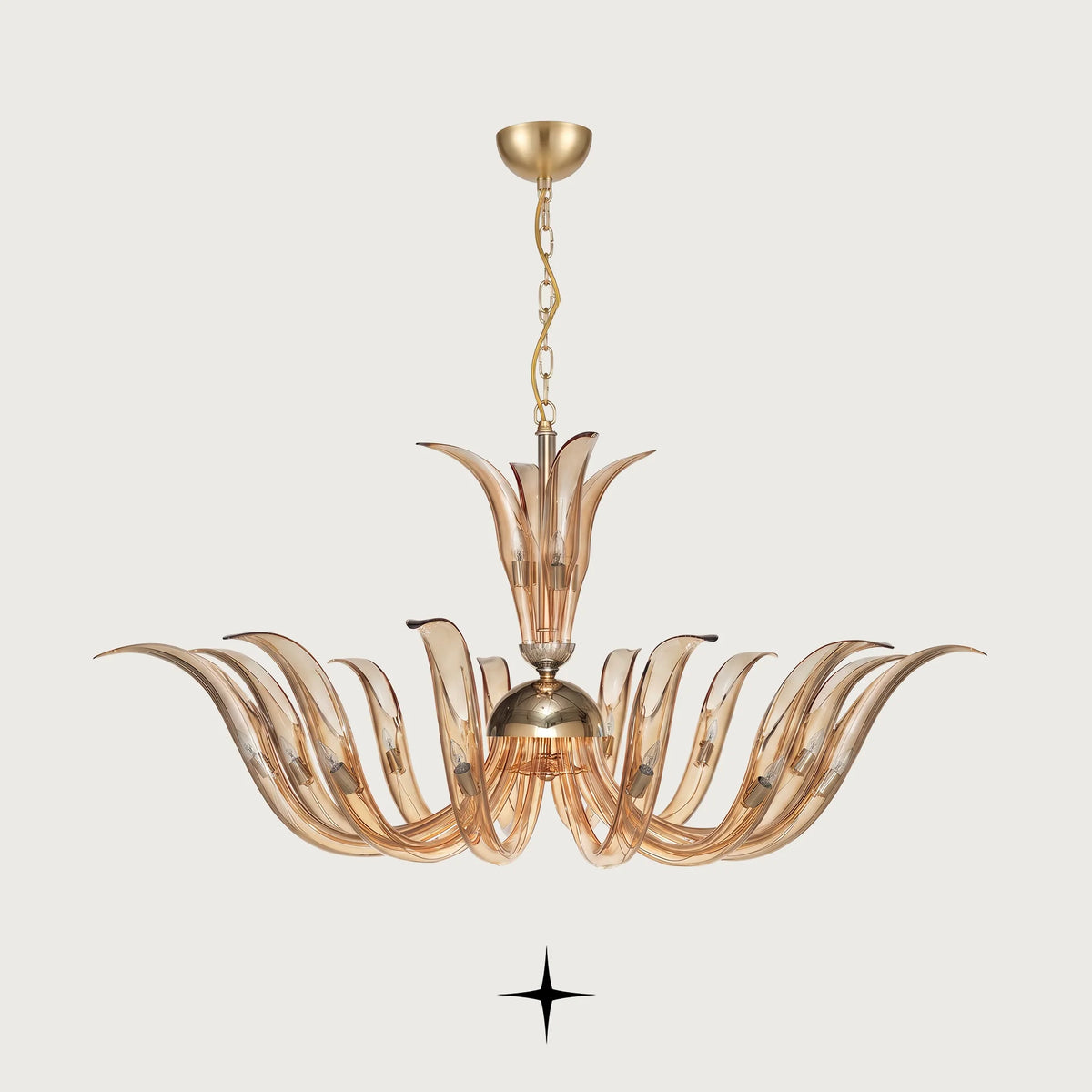 Glorious Chandelier featuring elegant golden amber flame-shaped crystal glass arms
