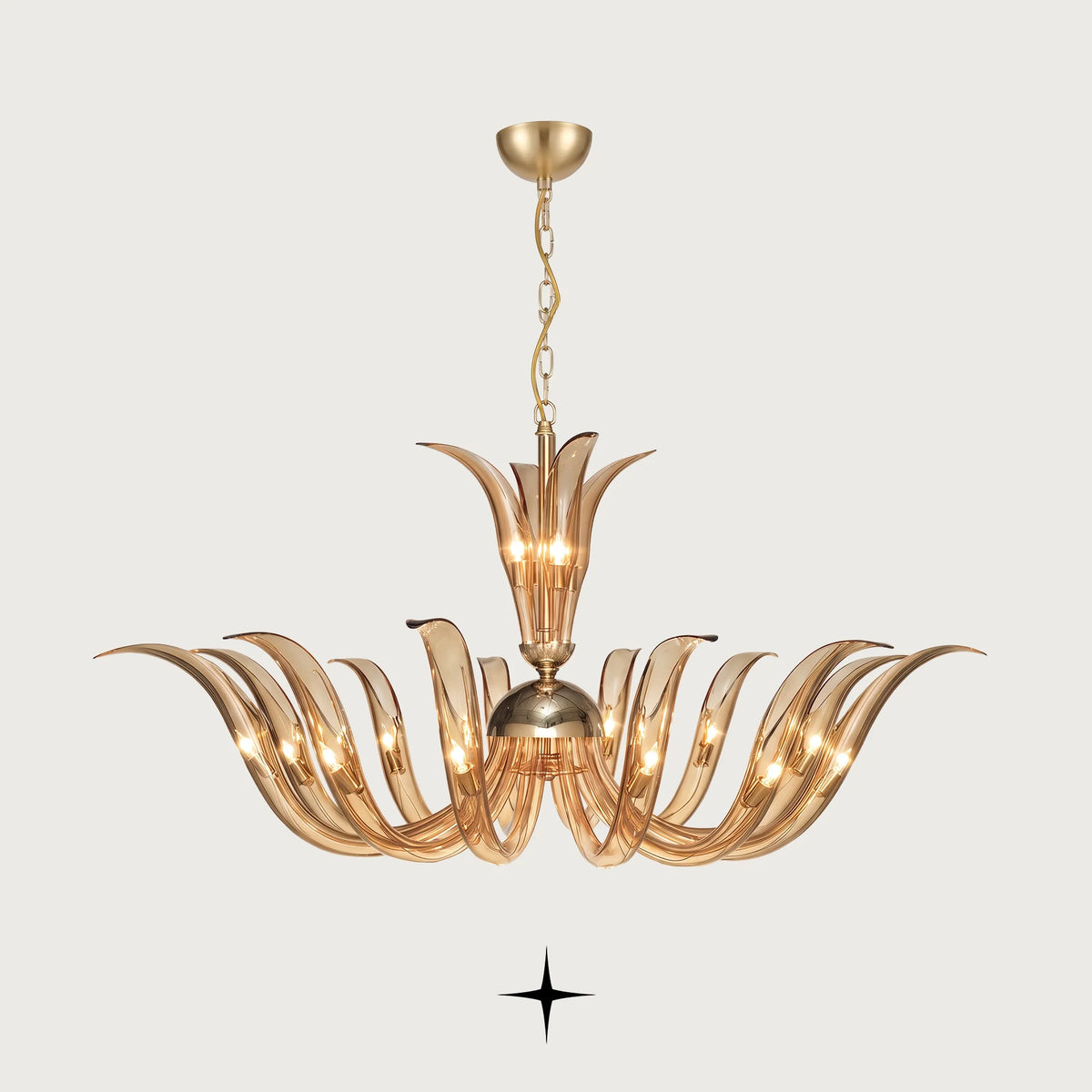 Glorious Chandelier featuring elegant golden amber flame-shaped crystal glass arms
