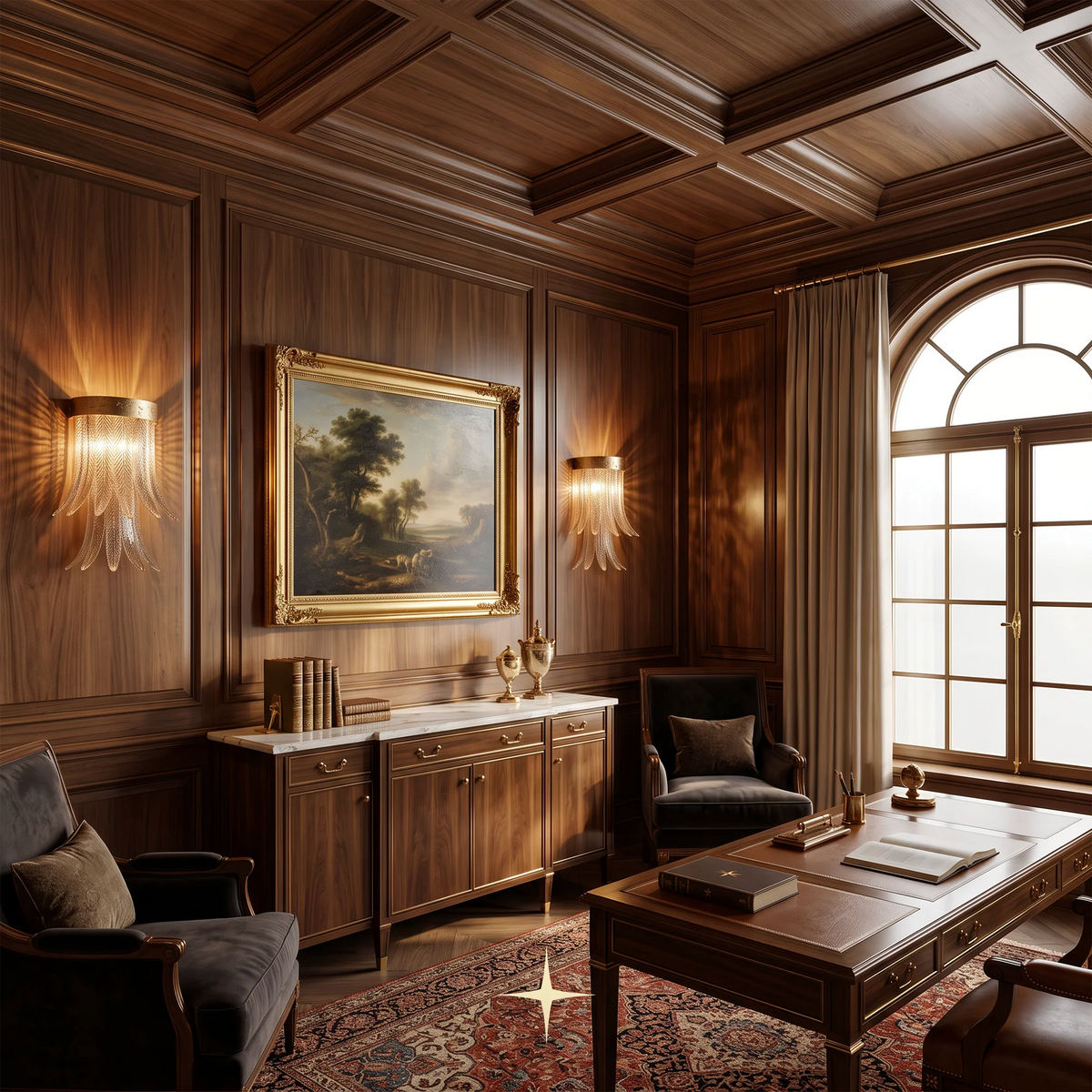 A luxurious, warm-toned study or library interior featuring dark wood paneling, a coffered ceiling, a large framed landscape painting, matching wood furniture, and glowing wall sconces.