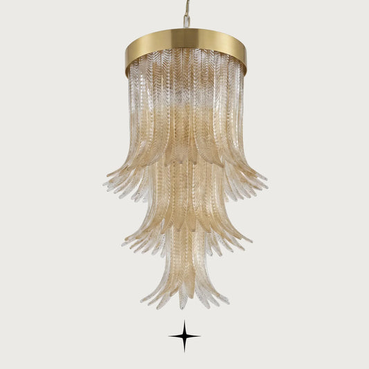 Golden Falls cascading tiered gold glass leaf chandelier on light grey background