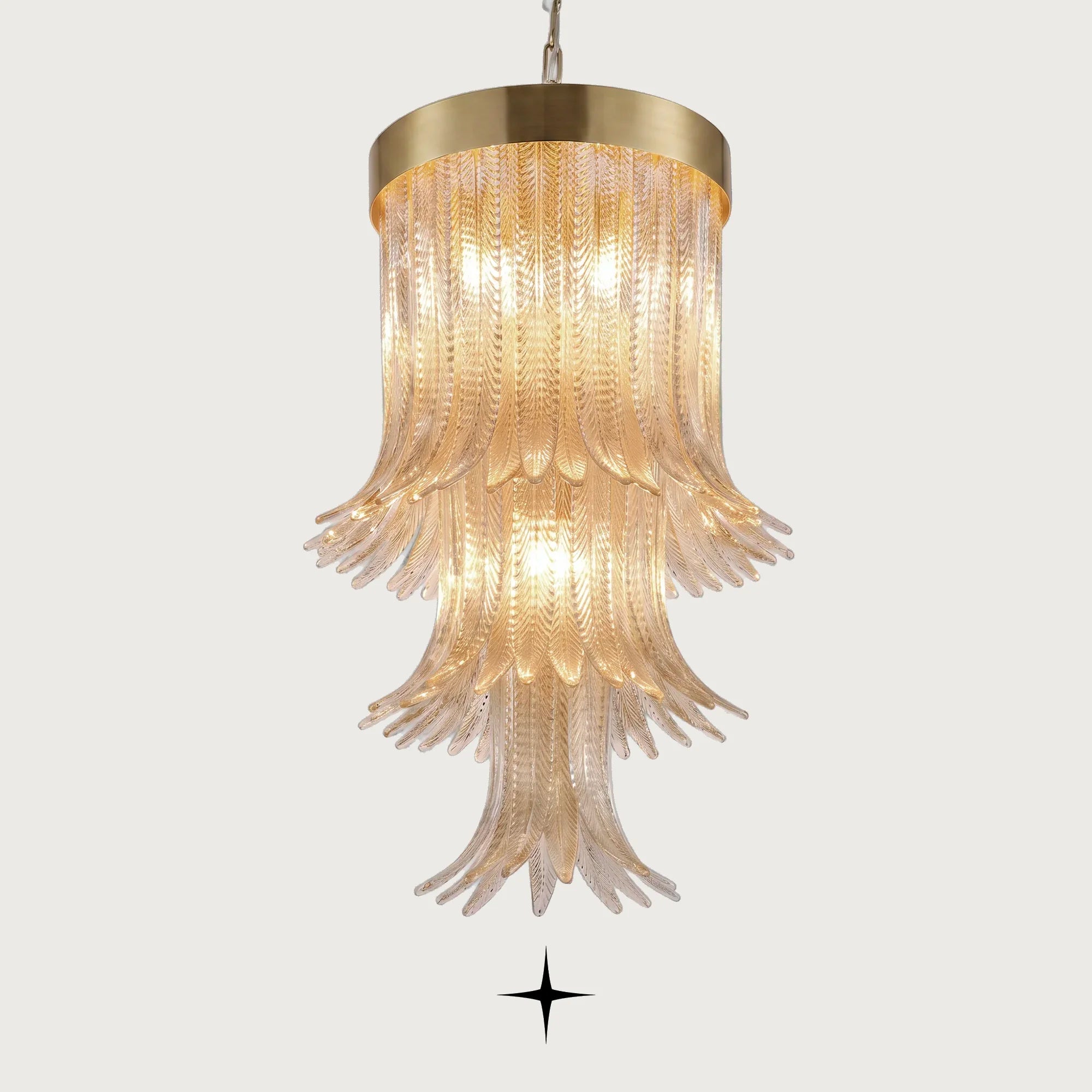 Golden Falls cascading tiered gold glass leaf chandelier on light grey background
