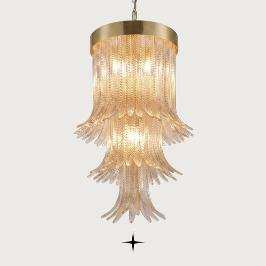 Golden Falls cascading tiered gold glass leaf chandelier on light grey background