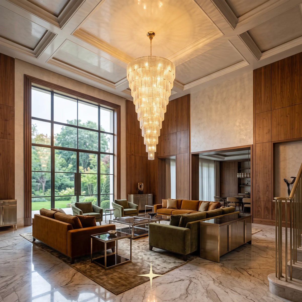 Grand Angel luxury crystal chandelier installed in a two-story foyer lounge interior
