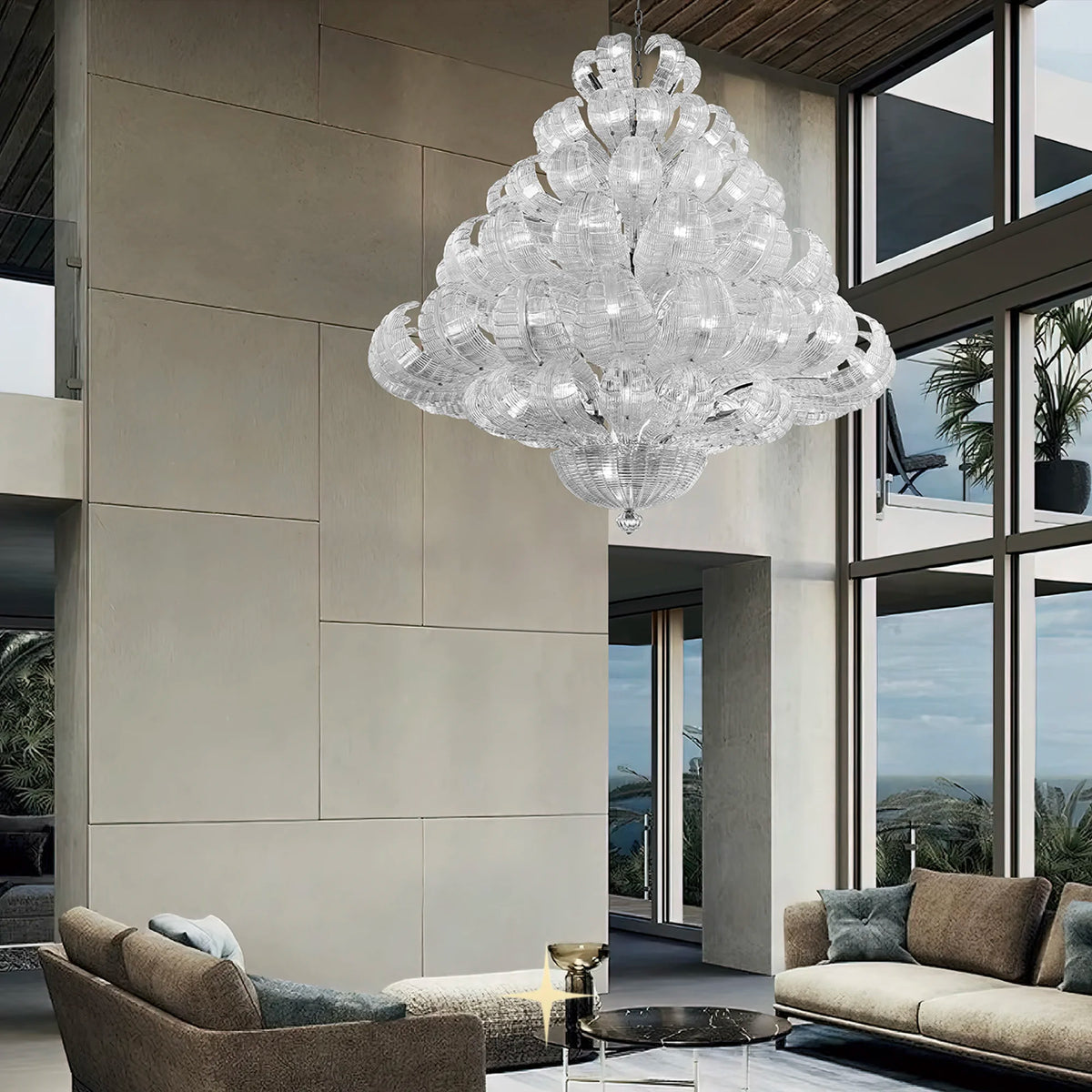 Grand Angelica crystal chandelier suspended in a luxury double-height living room
