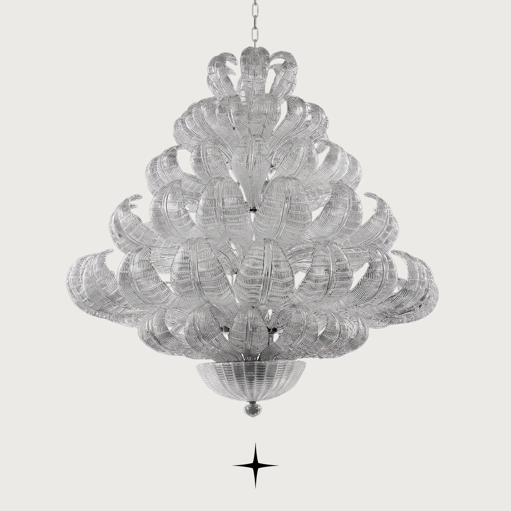 Grand Angelica leaf crystal chandelier with spiraling glass arms on light grey background