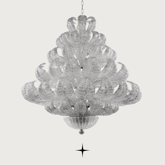 Grand Angelica leaf crystal chandelier with spiraling glass arms on light grey background