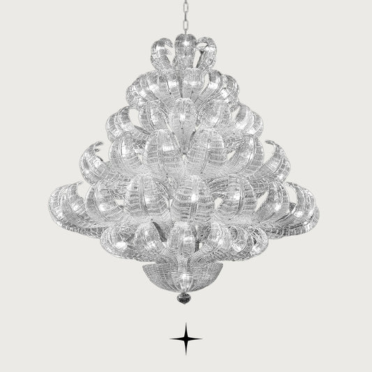 Grand Angelica leaf crystal chandelier with spiraling glass arms on light grey background