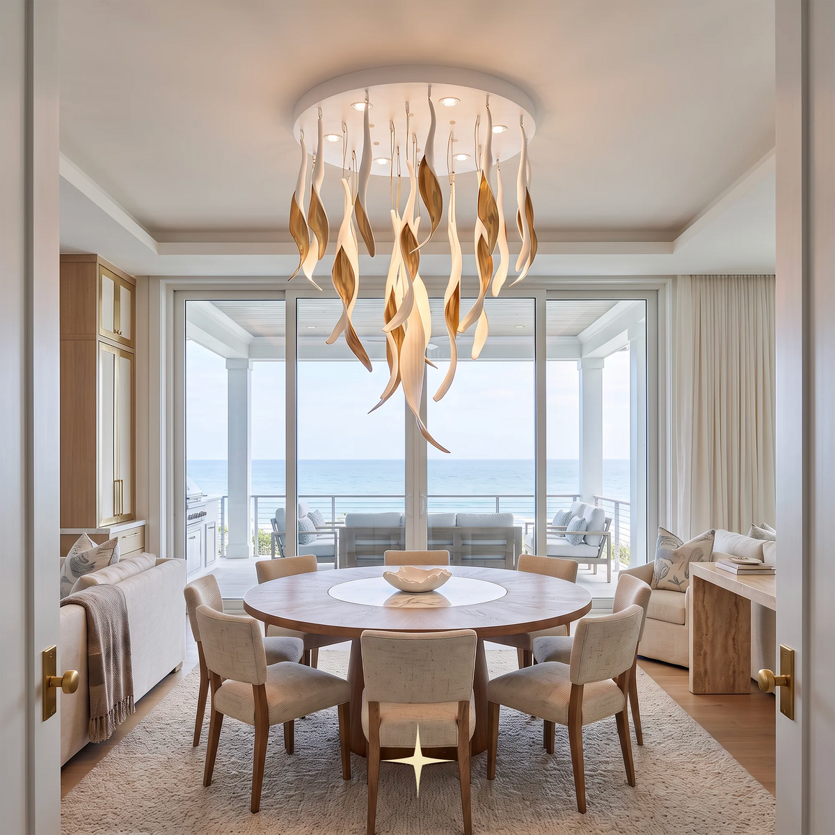 Lavish Aura Chandelier featuring dripping golden crystals and customizable height and base options.
