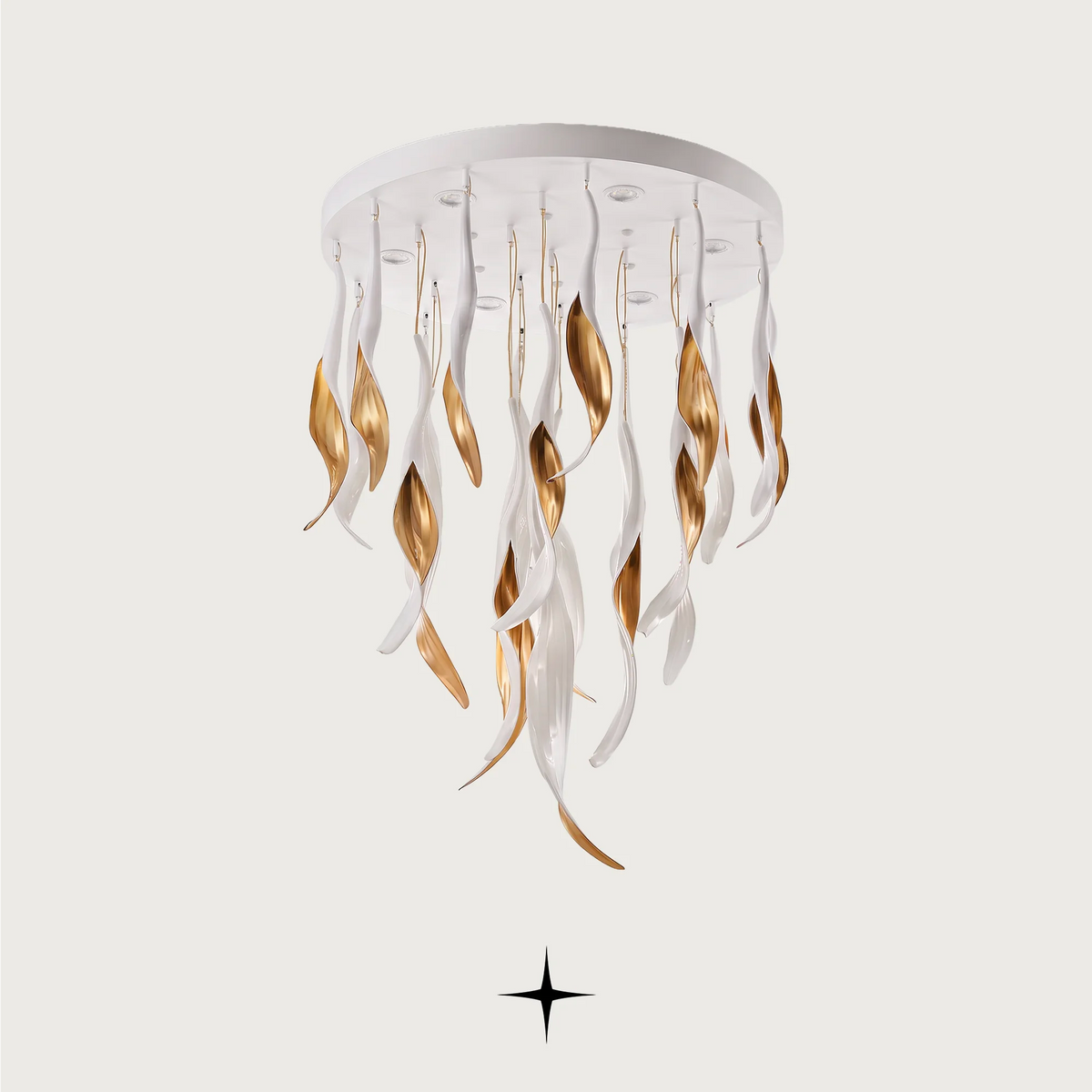 Lavish Aura Chandelier featuring dripping golden crystals and customizable height and base options.
