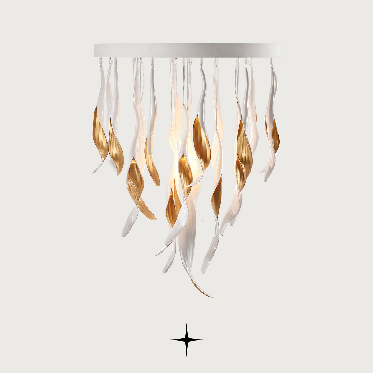 Lavish Aura Chandelier featuring dripping golden crystals and customizable height and base options.
