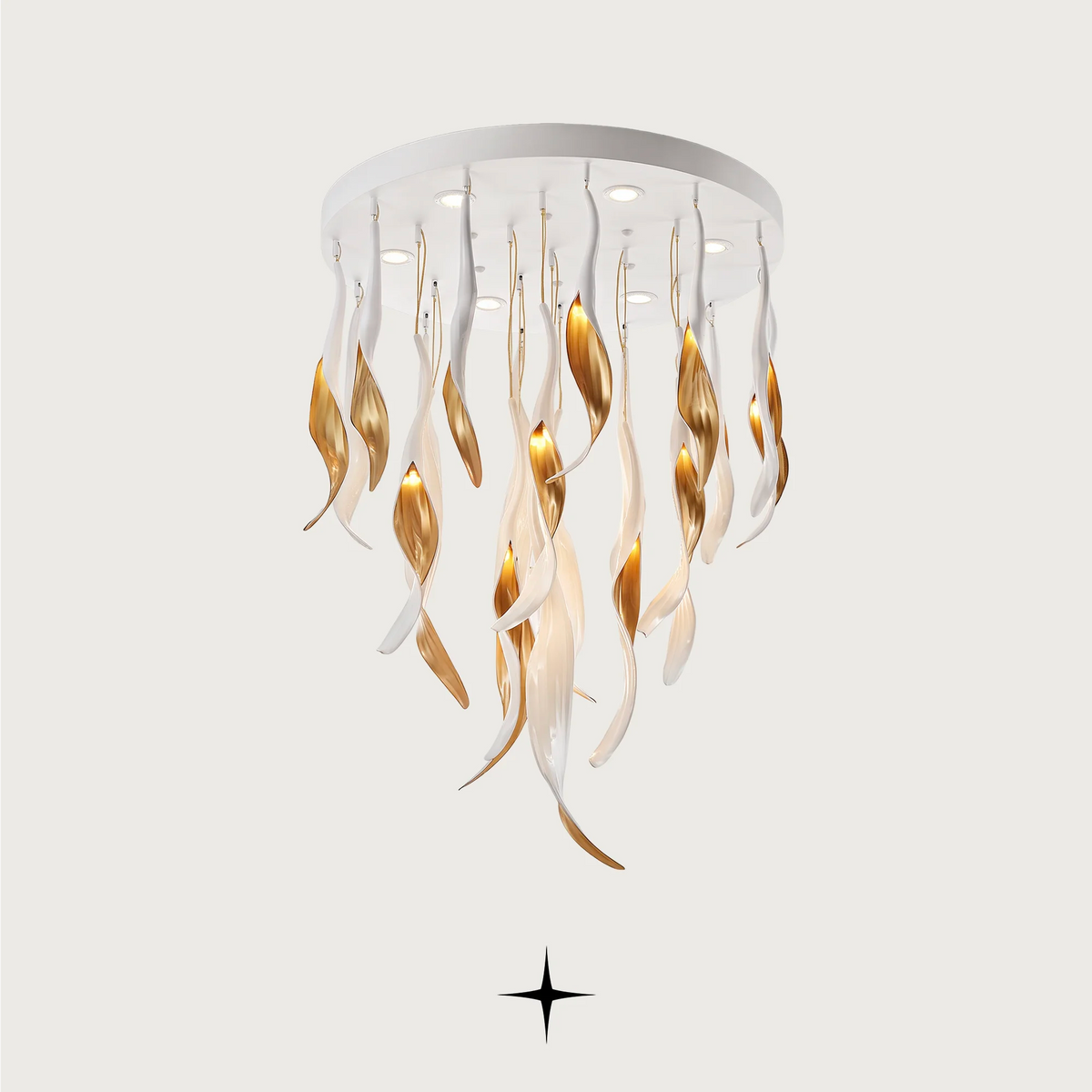 Lavish Aura Chandelier featuring dripping golden crystals and customizable height and base options.
