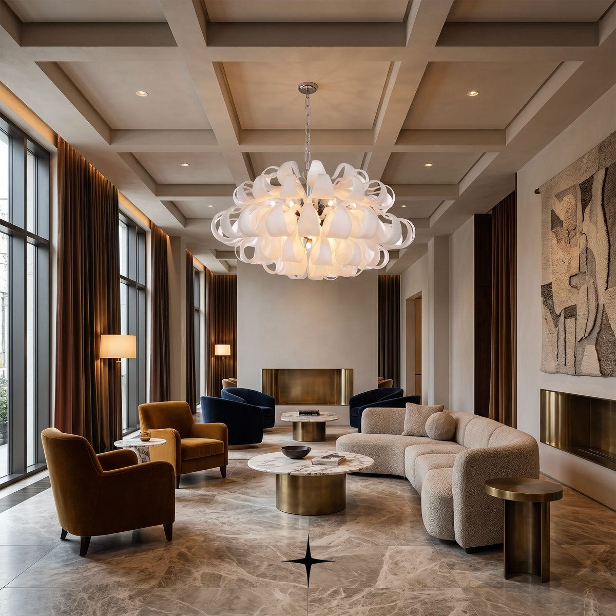 Grand Beatrix Chandelier featuring gracefully curved white bohemian crystal arms available in three sizes.