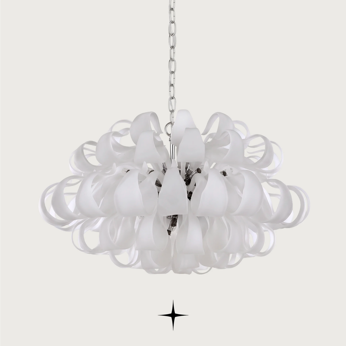Grand Beatrix Chandelier featuring gracefully curved white bohemian crystal arms available in three sizes.
