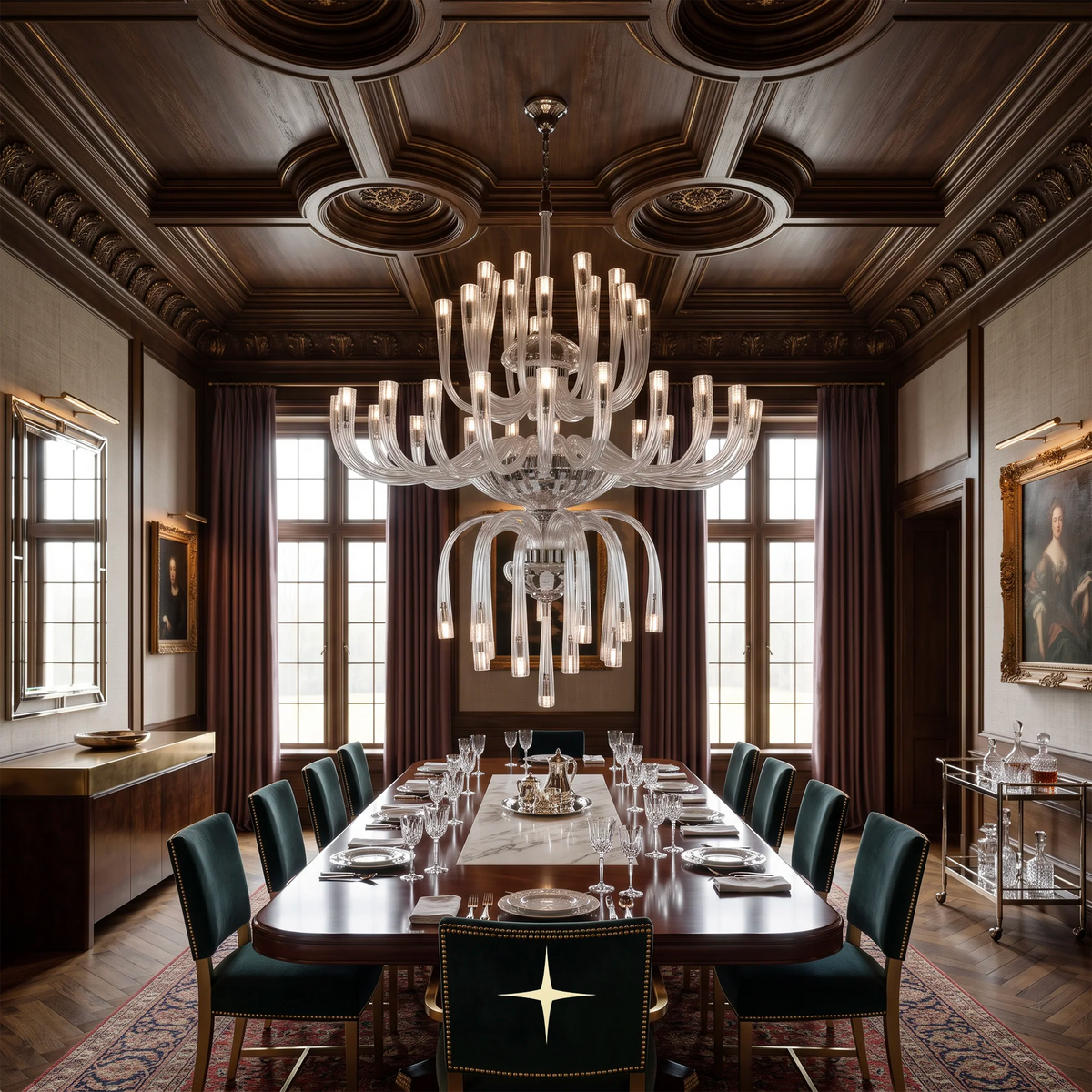 A grand multi-tiered crystal chandelier with glowing candle-style bulbs hangs over a long wooden dining table set for guests in an elegant, dark wood-paneled dining room.