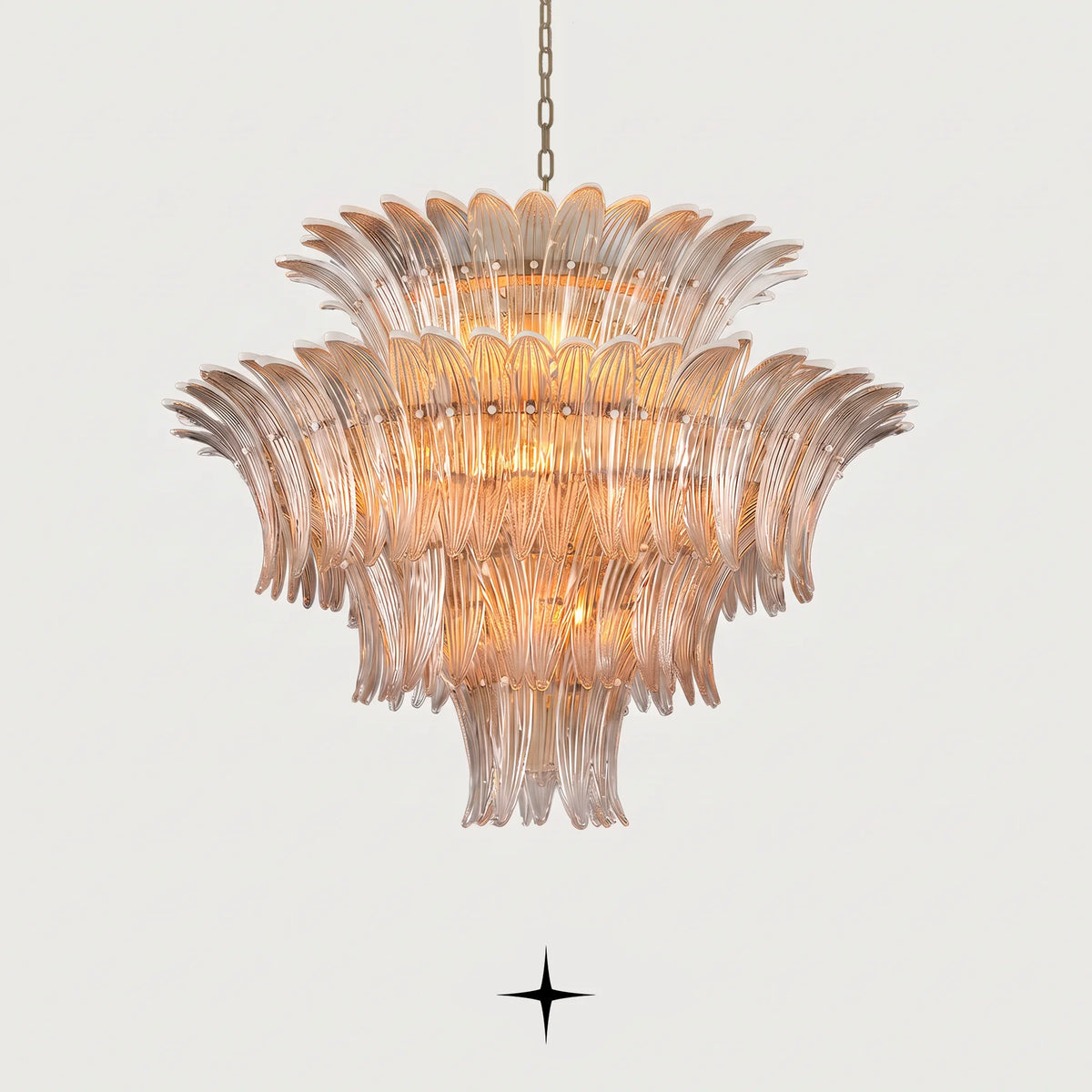 Grand Crown tiered Murano glass leaf chandelier with gold frame illuminated on black background