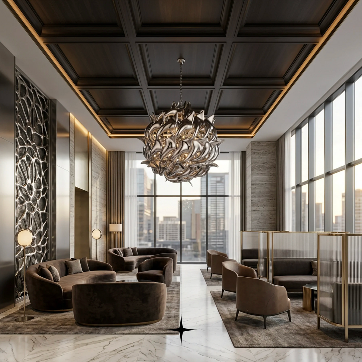 Grand Daria Chandelier featuring chic elongated crystal arms and white or silver rings available in two sizes.

