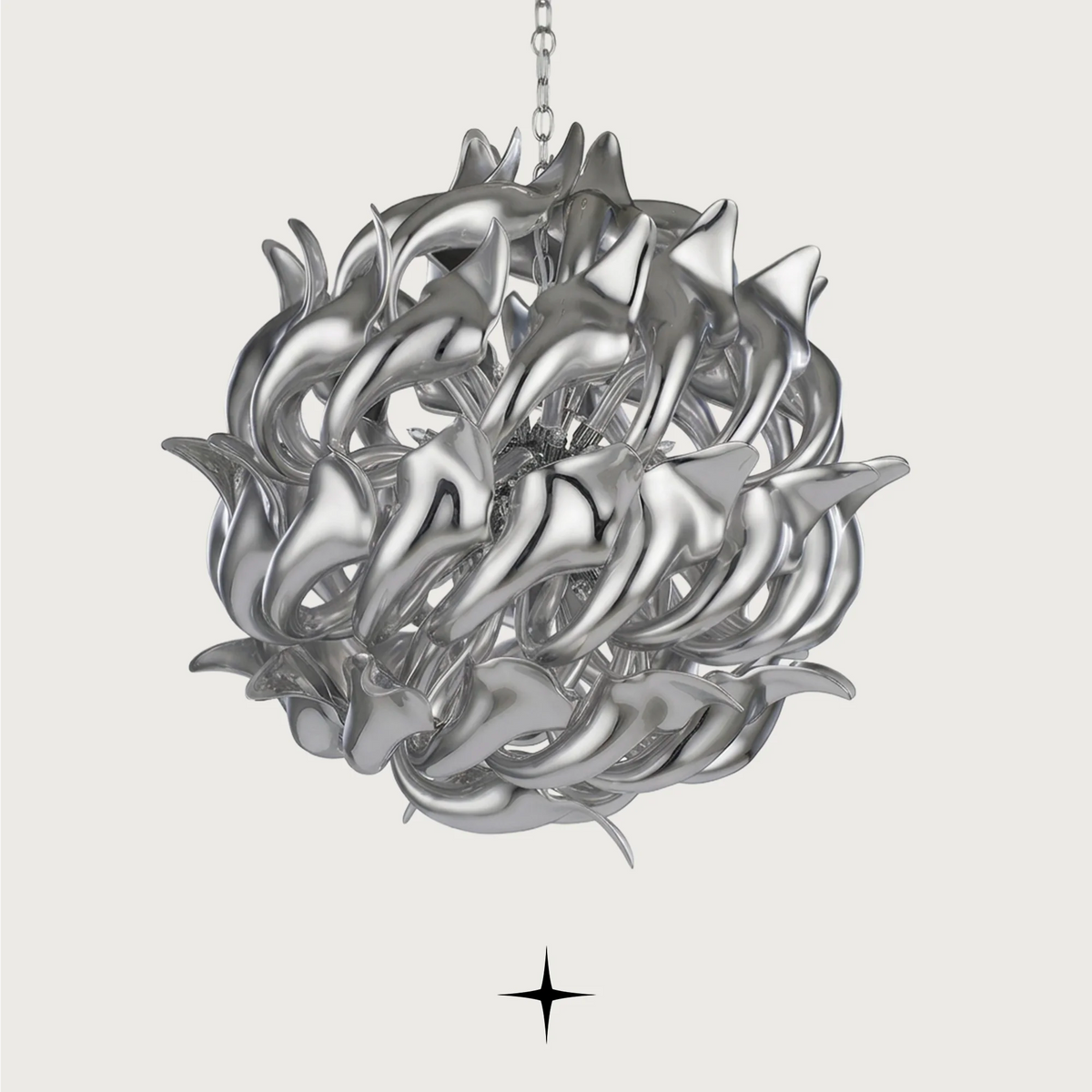 Grand Daria Chandelier featuring chic elongated crystal arms and white or silver rings available in two sizes.
