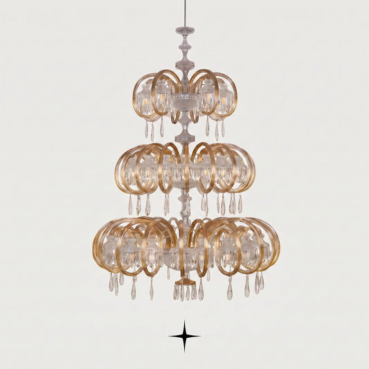 Grand Elegance multi-tiered circular crystal chandelier with gold rings on a light grey background