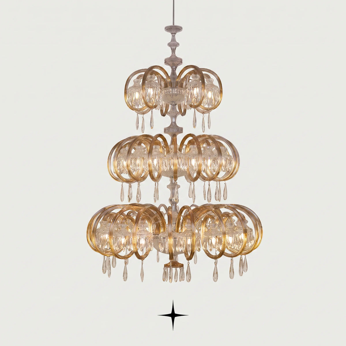 Grand Elegance multi-tiered circular crystal chandelier with gold rings on a light grey background