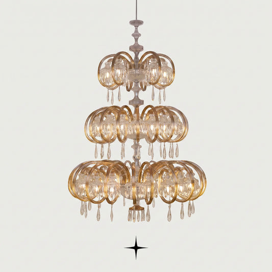 Grand Elegance multi-tiered circular crystal chandelier with gold rings on a light grey background