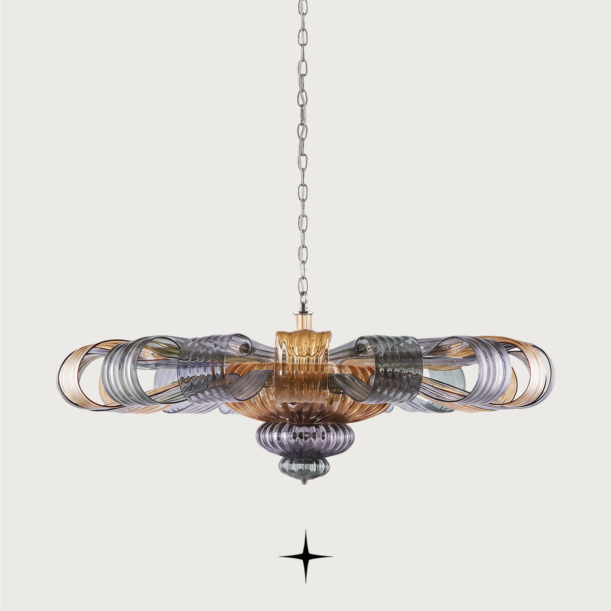 Grand Georgina Chandelier featuring symmetrical crystal artistry and sophisticated matte white and mixed hue options.
