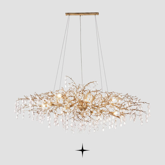 Grand Gloria gilded metal branch chandelier with crystal droplets on light grey background