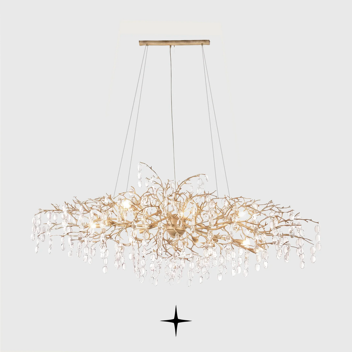 Grand Gloria gilded metal branch chandelier with crystal droplets on light grey background