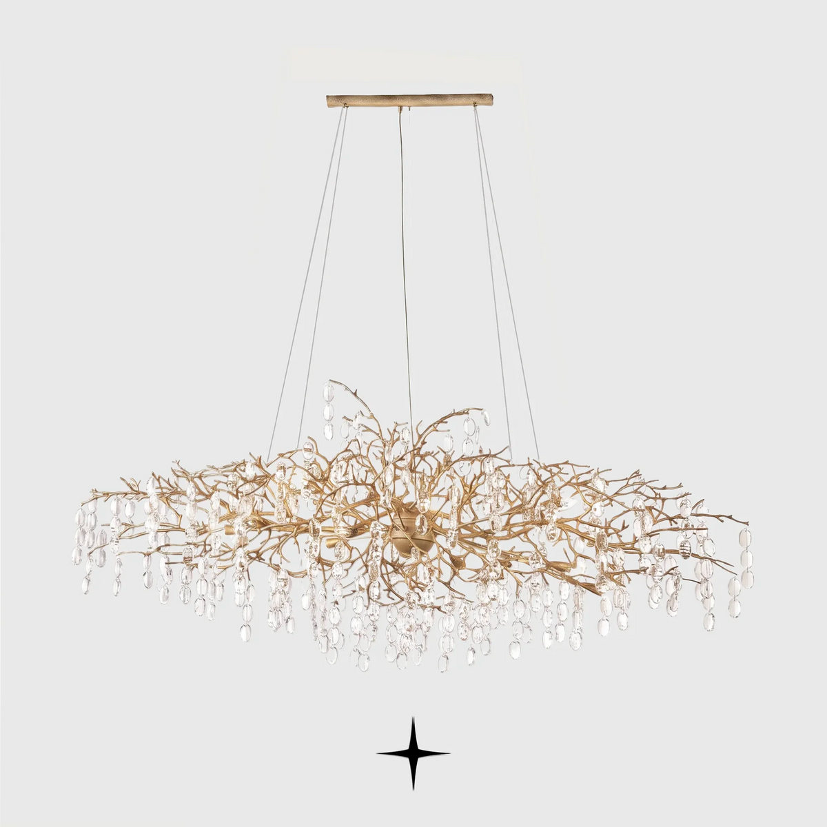 Grand Gloria gilded metal branch chandelier with crystal droplets on light grey background