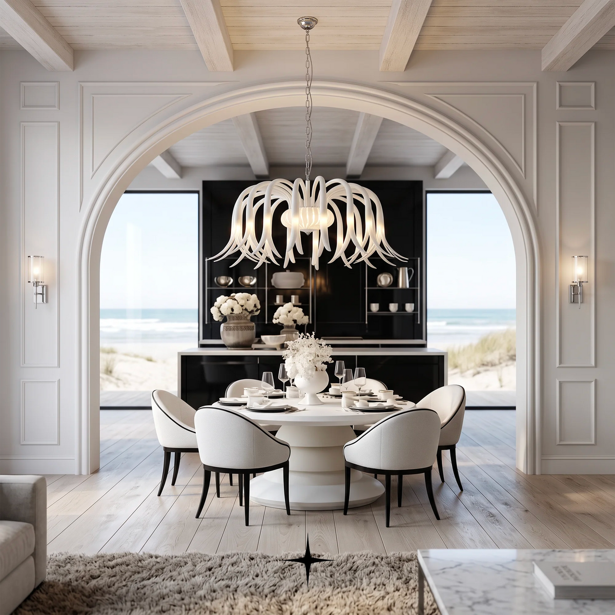 Grand Isadora Chandelier featuring downward-facing crystal flowers and customizable color options.

