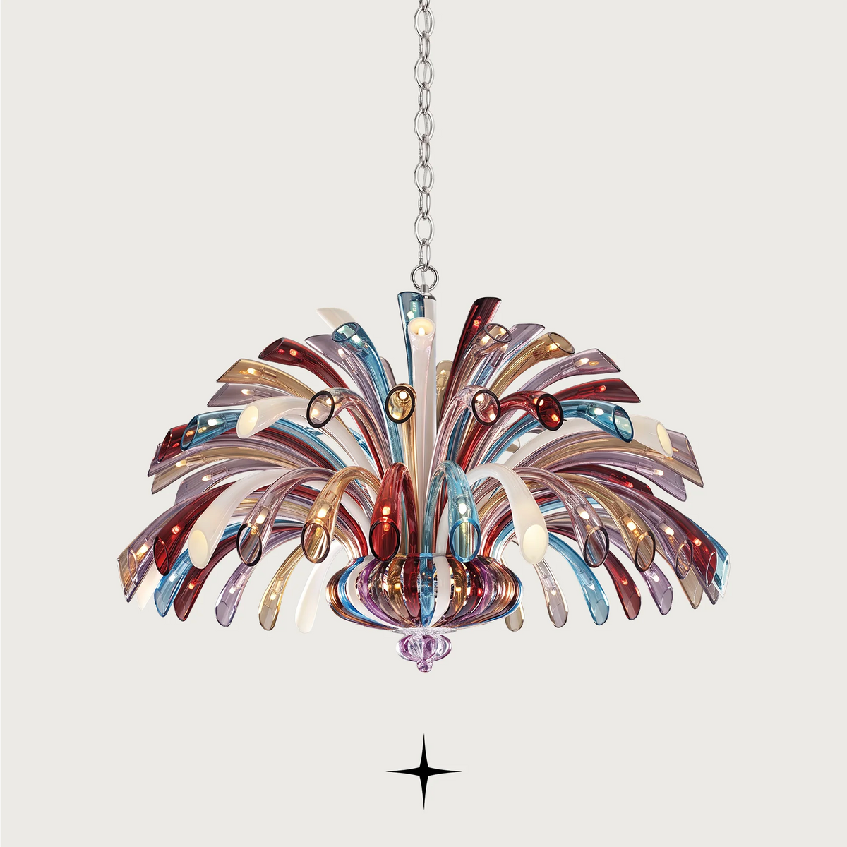 Grand Jasmine Chandelier featuring intricate colorful details available in four stunning sizes including spherical options.

