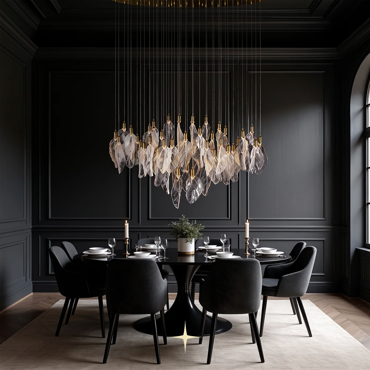 Grand Linear Pristine chandelier featuring classic Murano-style leaves in a magnificent large linear design.
