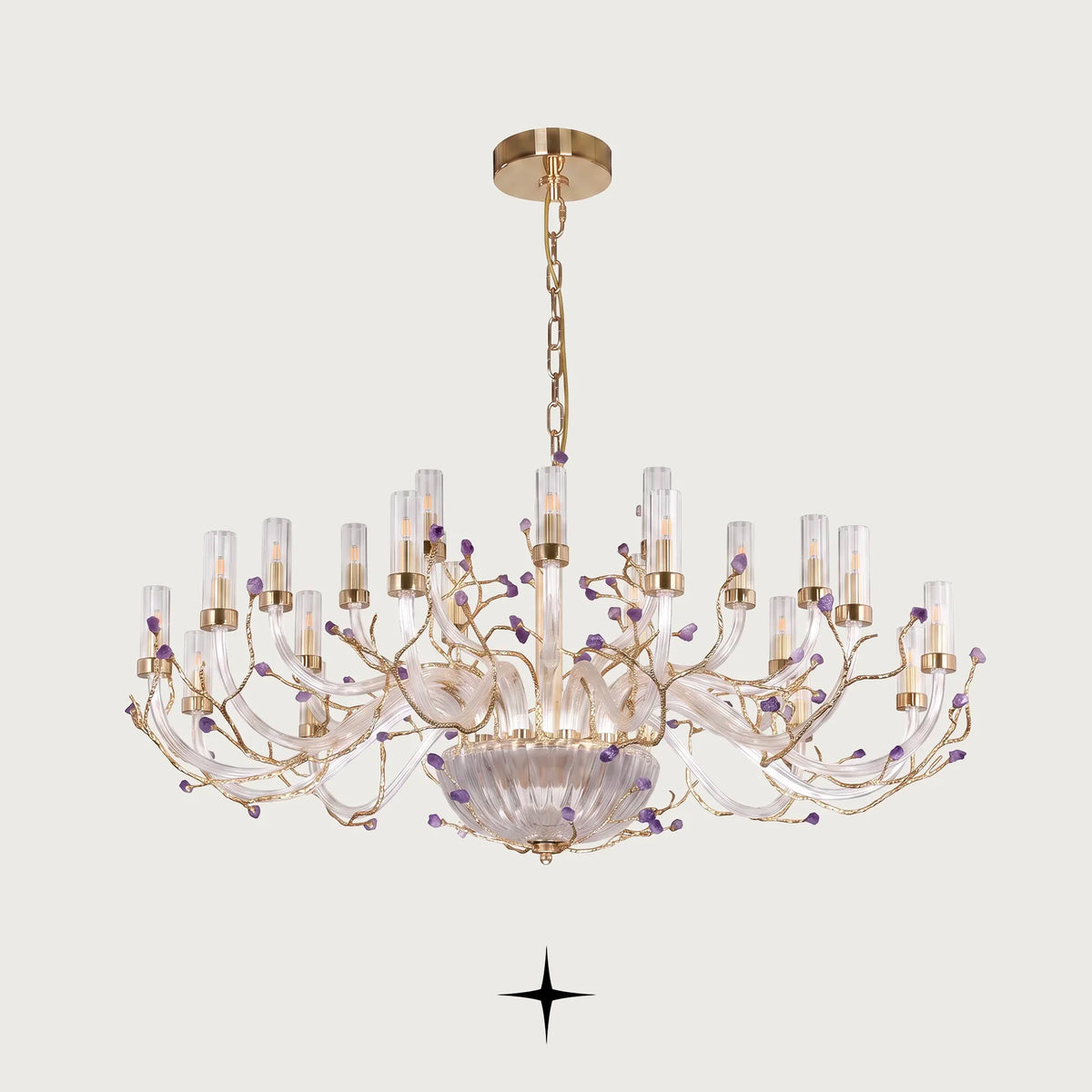 Grand Madison Murano-style chandelier with brass branches and natural purple rock accents on a light grey background