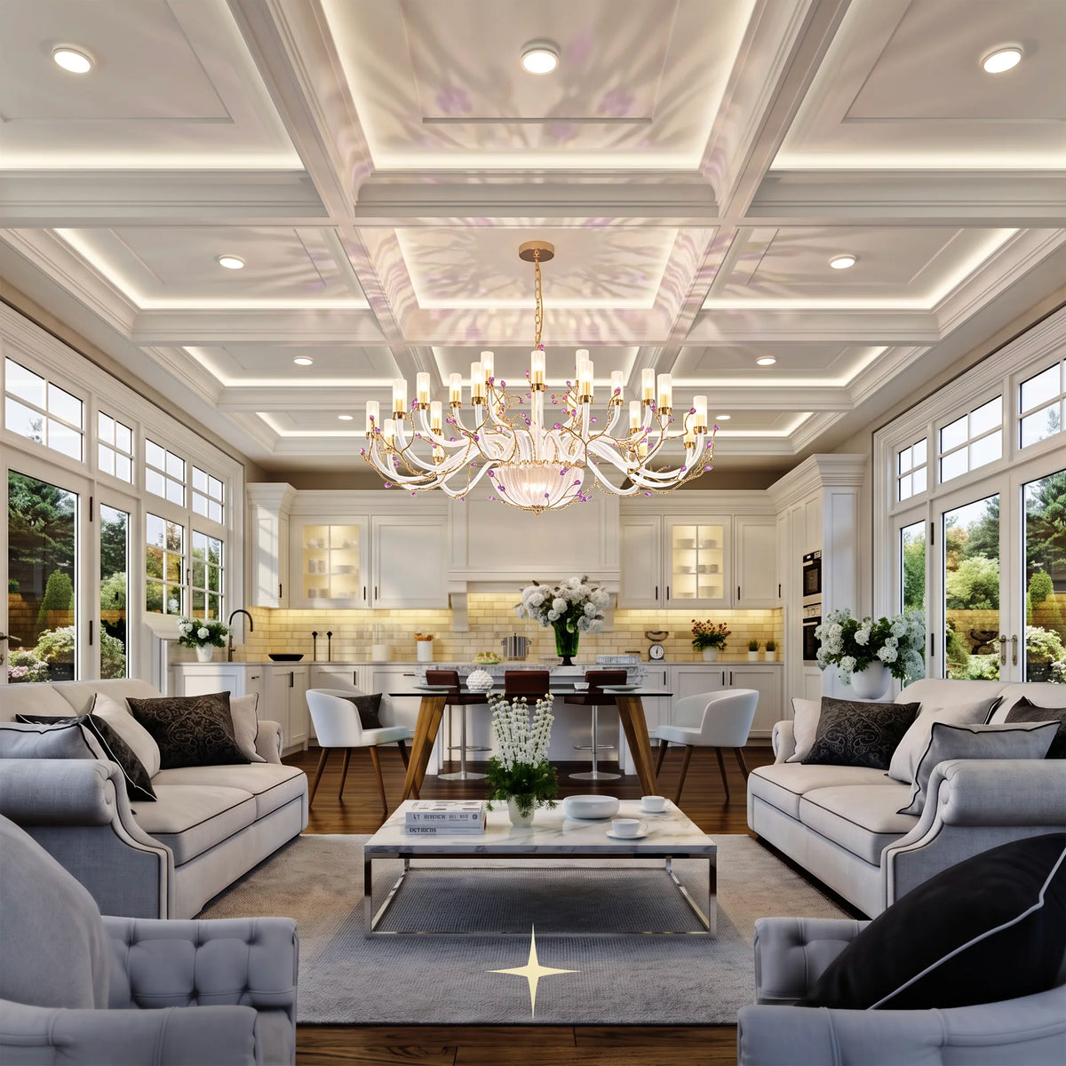 Full view of Grand Madison brass and amethyst glass chandelier on light grey backdrop