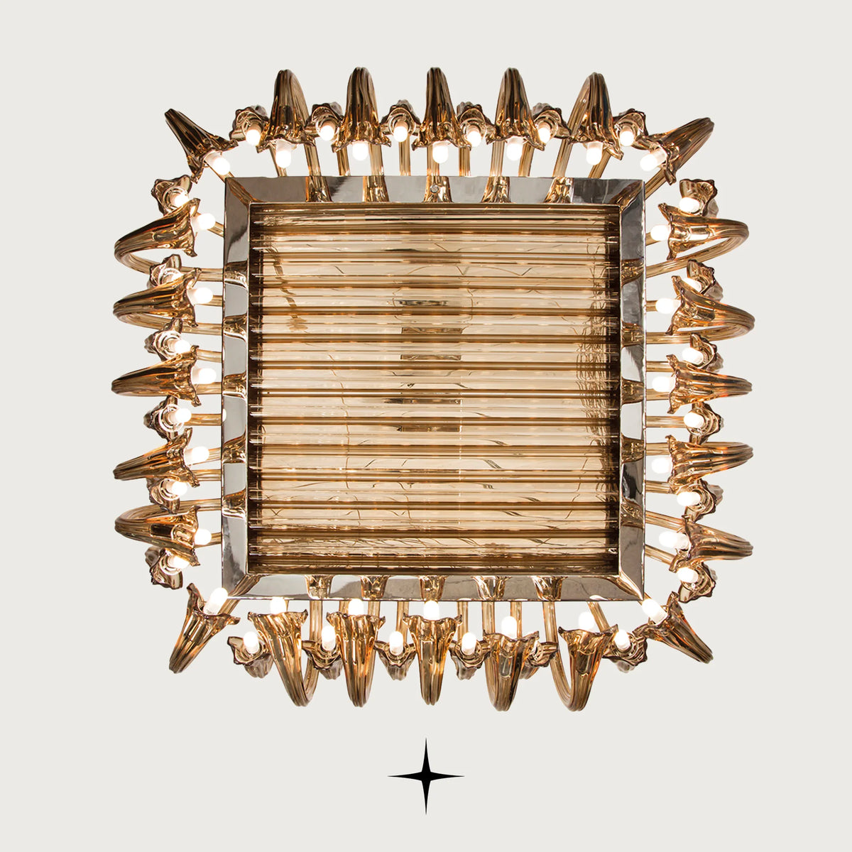 Bottom-up view of Grand Maranello square Bohemian crystal chandelier on light grey backdrop