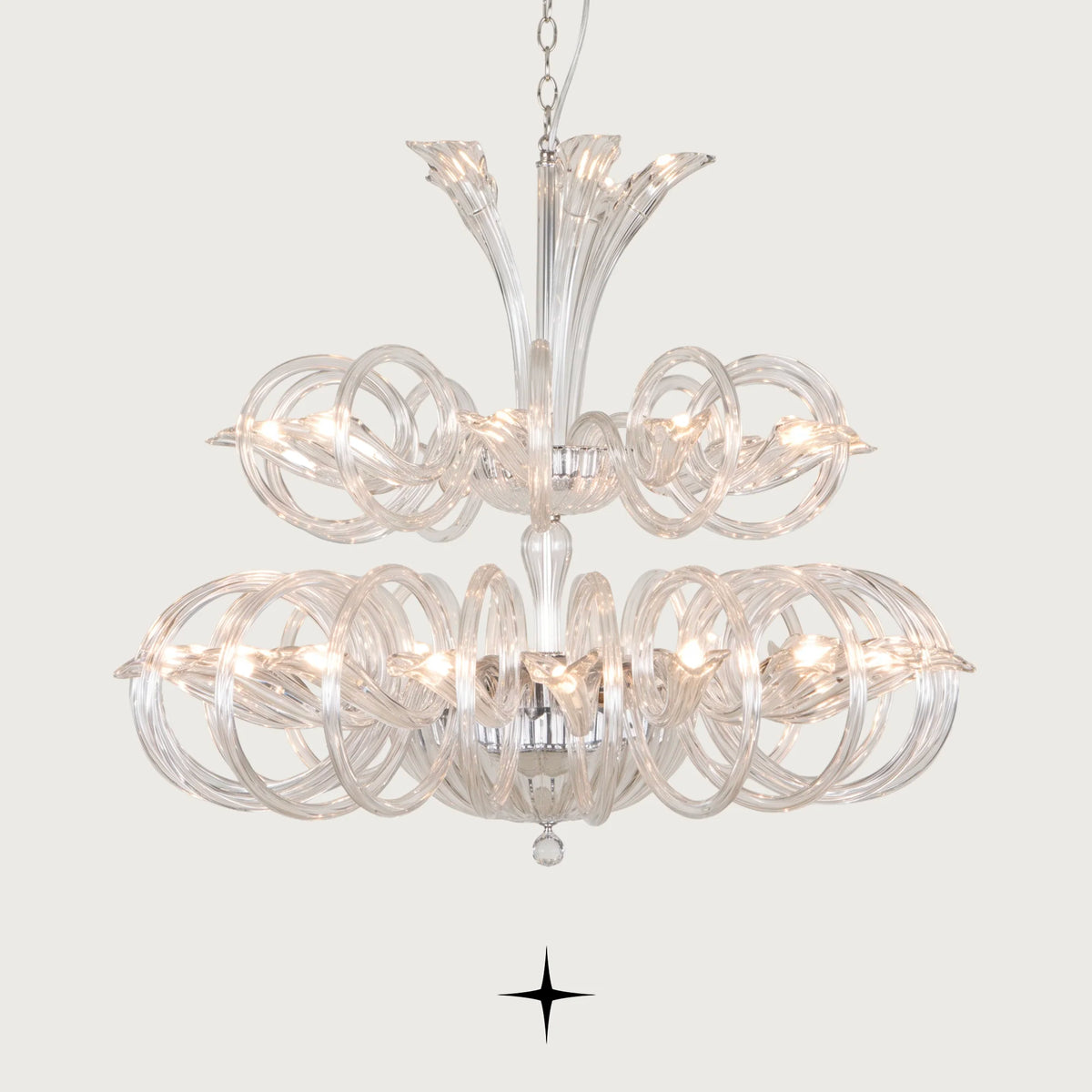 Grand Opal Chandelier featuring circular crystal glass rings gracefully encircling elegant curved arms
