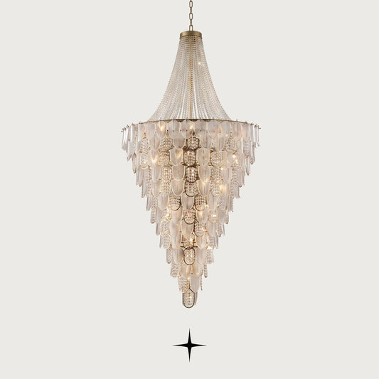 Grand Orlando cascading Murano-style glass leaf chandelier with golden frame on light grey background
