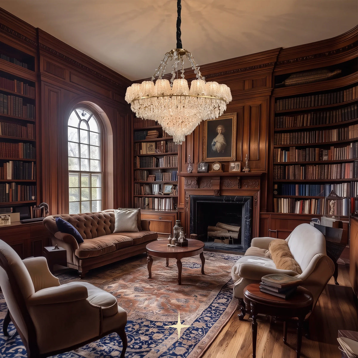 Grand Oslo Murano glass chandelier suspended in a luxury classic living room and library setting