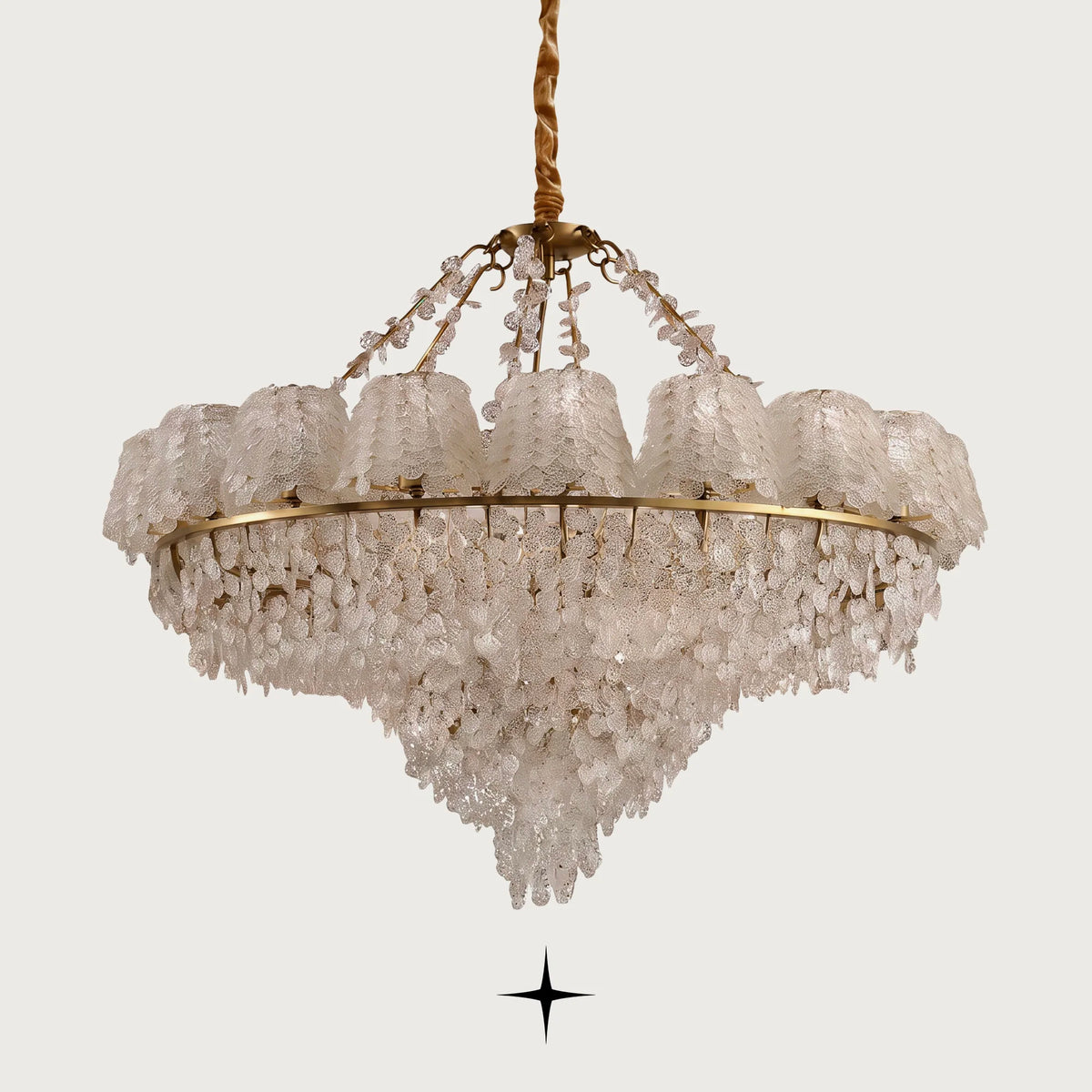 Grand Oslo teardrop Murano-style glass chandelier with golden nickel frame on light grey background