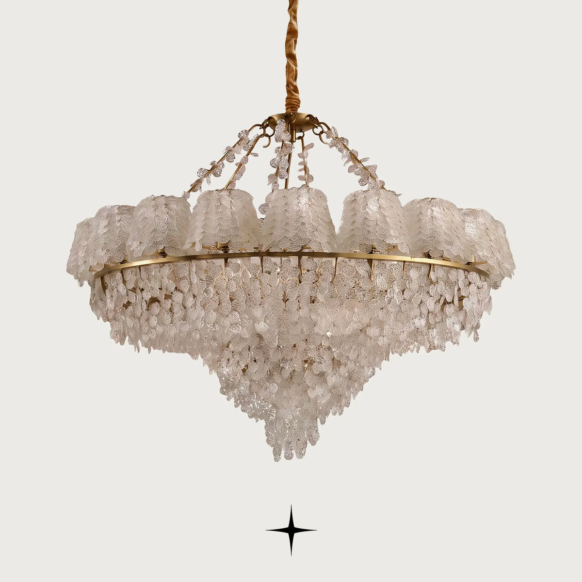 Grand Oslo teardrop Murano-style glass chandelier with golden nickel frame on light grey background