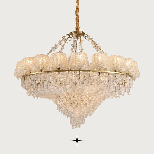 Grand Oslo teardrop Murano-style glass chandelier with golden nickel frame on light grey background