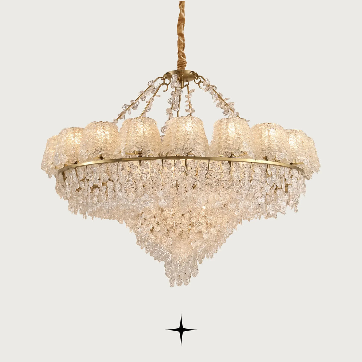 Grand Oslo teardrop Murano-style glass chandelier with golden nickel frame on light grey background