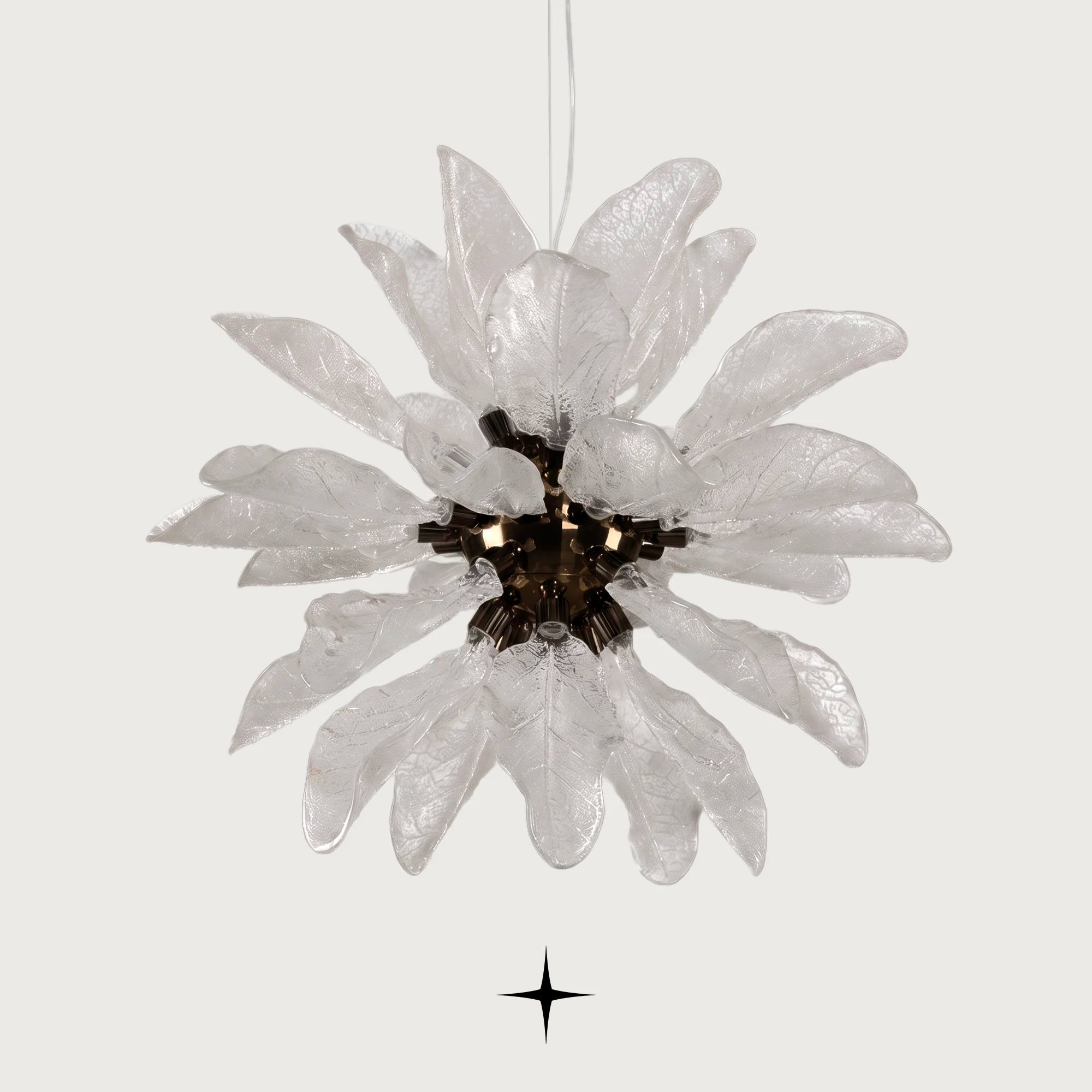 Grand Pristine Murano-style glass leaf chandelier with warm glow on light grey background