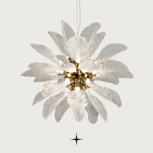 Grand Pristine Murano-style glass leaf chandelier with warm glow on light grey background