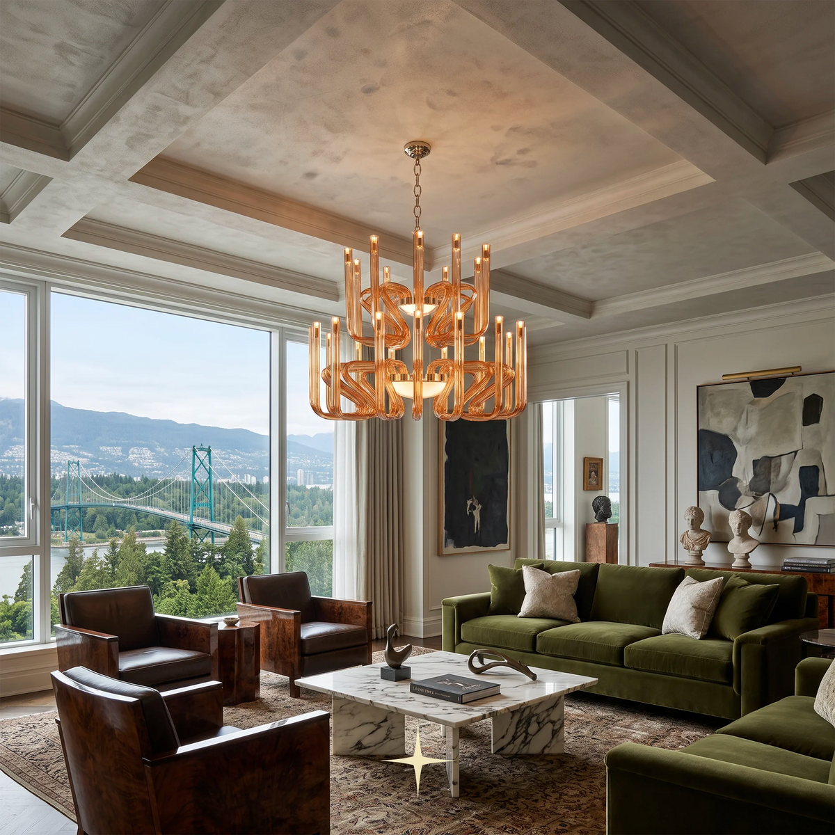 Grand Regal Chandelier featuring post-modern linear design with rich color options and classic materials.
