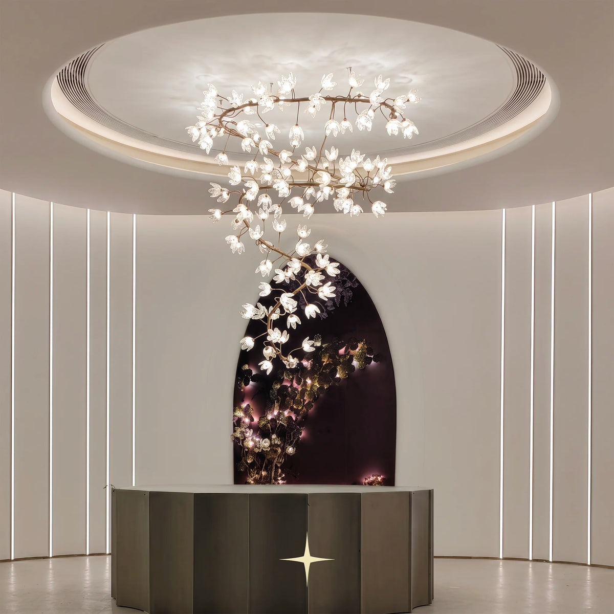 Grand Sakura spiral chandelier installed in a luxury modern double-height entrance