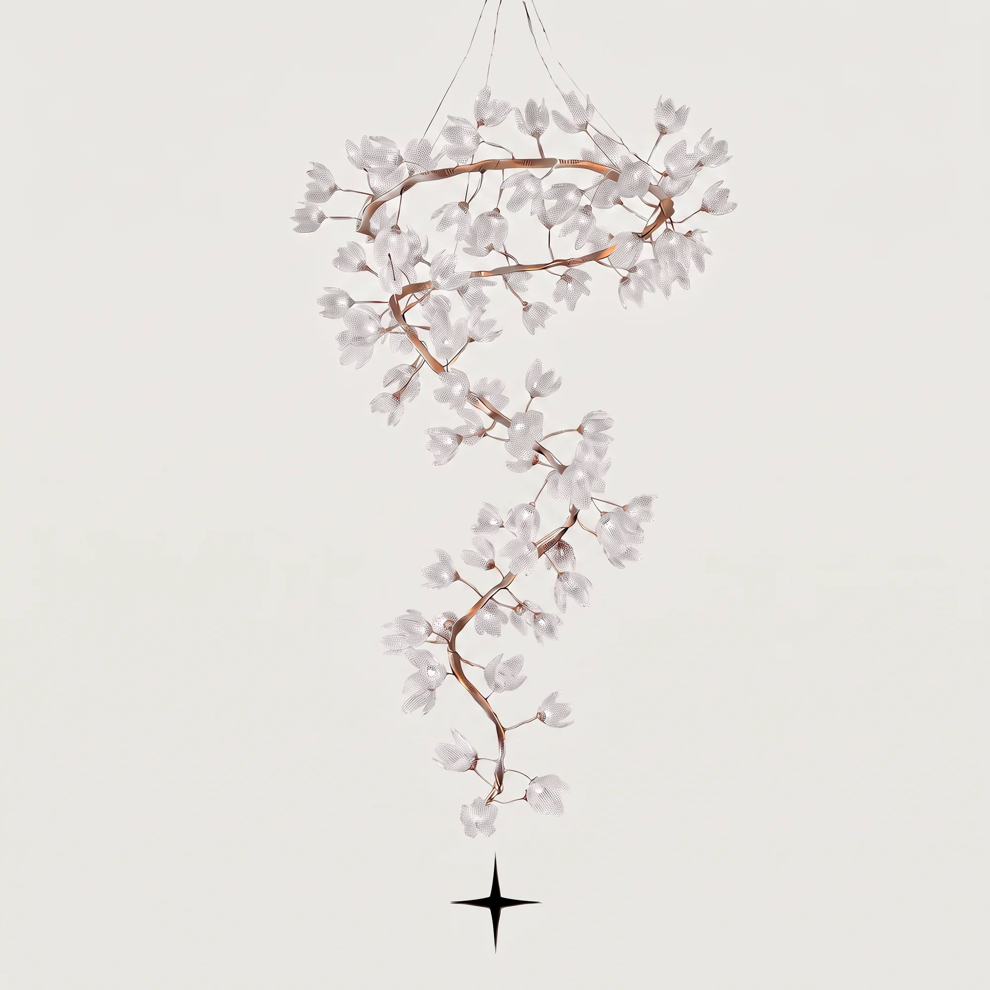 Full view of the Grand Sakura spiral crystal flower chandelier with hand-forged metal branches on a grey background with lights off